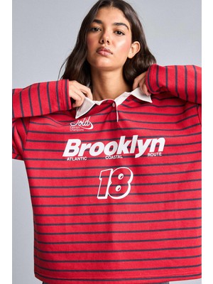 DeFacto %100 Pamuk Oversize Polo Yaka Çizgili Baskılı Sweatshirt H5841AX26WN