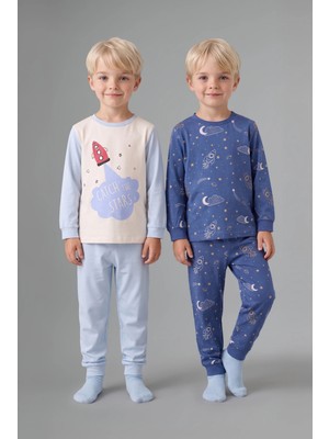 DeFacto %100 Pamuk Uzay Desenli Uzun Kollu Üst Lastikli Paça 2'li Pijama Takımı Erkek Bebek I1441A526AU
