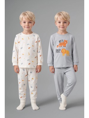 DeFacto %100 Pamuk Hayvan Desenli Uzun Kollu Üst Lastikli Paça 2'li Pijama Takımı Erkek Bebek I1440A526AU