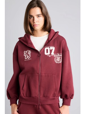 DeFacto Harry Potter Gryffindor Baskılı Kapüşonlu Oversize Fermuarlı Kalın Hırka Sweatshirt I3023AX26AU