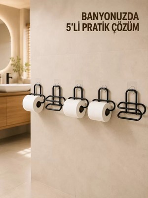 Midas Toptan Home 5 Adet Duvara Yapışkanlı Wc Kağıtlık Delmeden Montaj Siyah Metal Tuvalet Kağıdı Askısı