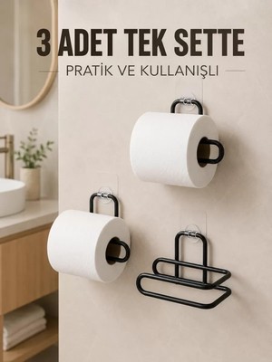 Midas Toptan Home 3 Adet Siyah Rulo Kağıt Tutucu Yapışkanlı Duvar Tipi Pratik Kağıtlık Seti