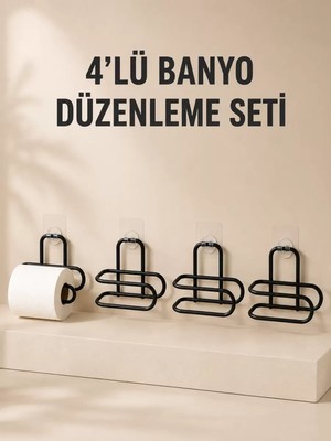 Midas Toptan Home 4 Adet Yapışkanlı Tuvalet Kağıdı Askısı Siyah Metal Delmeden Duvara Monte Wc Kağıtlık