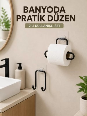 Midas Toptan Home Vidasız Banyo Seti Yapışkanlı Tuvalet Kağıdı Tutucu ve Havlu Askısı 2’li Set