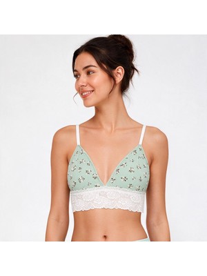 Bonbon Kadın Pamuklu Bohçalık Çeyizlik ve Hediyelik Pointel Çiçek Desenli Ribana Kumaş Dantel Detaylı Bralet BB2763