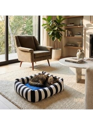 Aesco Lüks Kare Zebra Desen Kedi Köpek Yatağı, Mavi