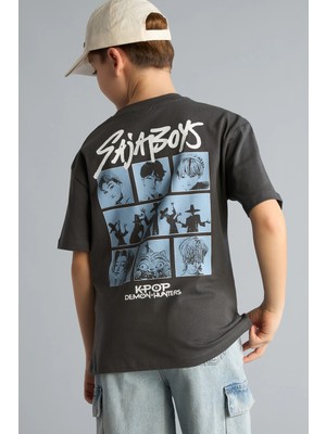 DeFacto %100 Pamuk Kpop - Demon Hunters Oversize Bisiklet Yaka Kısa Kollu Tişört Erkek Çocuk H6996A826HS