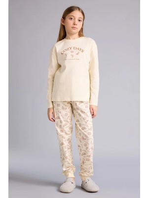 DeFacto %100 Pamuklu Baskılı Beli Lastikli Pijama Takımı Kız Çocuk F6231A825WN
