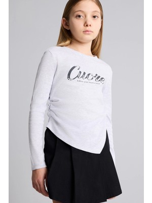 DeFacto Slim Fit Uzun Kollu Pamuklu Baskılı Ribana Tişört Kız Çocuk G8463A826SP