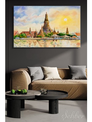 Şehber Sulu Boya Efekt Tayland Bangkok'taki Ünlü Wat Arun Tapınağı Yatay Kanvas Tablo Tekli 3800