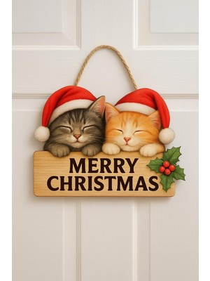 1001 Uyuyan Kedili Yılbaşı Ahşap Kapı Süsü Noel Kapı Süsü, Yılbaşı Süsü Yılbaşı Temalı
