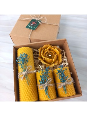 1001 Balmumu Mum Dekoratif Hediye Kutusu 4 Lü Set Doğal Petek Beeswax Candle Açmış Gül (Mavi Süsle