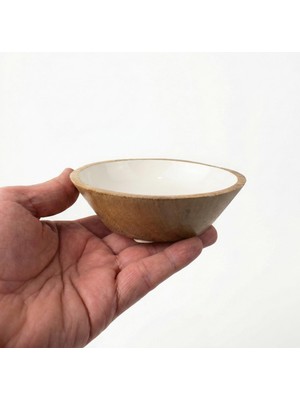 1001 Mango Ağacı Kase - Içi Krem Emaye (Enamel) Kaplama 13 cm Dekoratif Ahşap Sunum Kasesi - Leke Tu