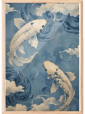 1001 Zestia Ahşap Çerçeveli Tablo, Koi Balıkları, Japon Dalgalar Arasında, Mavi Tonlar Poster No: 1