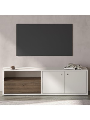 1001 Pao Kapaklı Minimal Tv Sehpası – 136 cm Beyaz/antik Ceviz