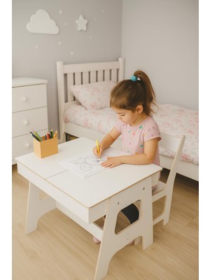 1001 Mdf Çocuk Aktivite Masası, Açılabilir Kapaklı, Ergonomik Tasarım, 1 Sandalye ve 1 Masa, Beyaz