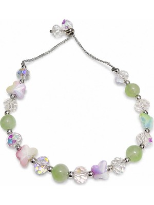Bartuva Design Pastel Yeşil Kelebek Boncuklu Gümüş Renk Kadın Bileklik