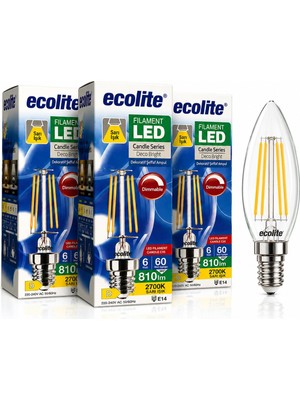 1001 Ecolite Filament LED Mum Ampul E14 Duy 6W 810 Lümen Dim Edilebilir 2700K Sarı Işık Şeffaf Dekor