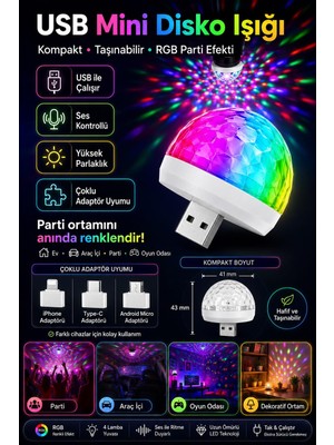 1001 Rgb USB Mini Disko Topu, Ses Sensörlü, Renkli Led, Parti Lambası, Taşınabilir