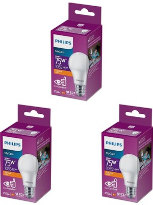 1001 75W LED Ampul, 2700K Sarı Işık, E27 Normal Duy Sarı 3lü Paket