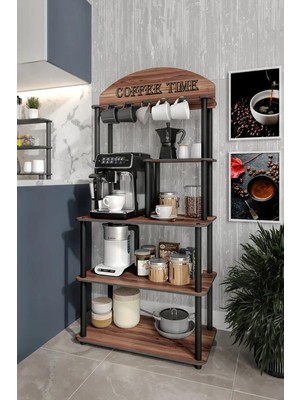 1001 Coffee Time Kahve Köşesi Dolabı Madran Ceviz Renk - Çok Amaçlı Raflı ve Çekmeceli Kahve Maki