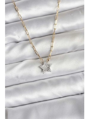 Uslucan Alışveriş Pirinç Gold Renk Zincirli Zirkon Taşlı Minimal Yıldız Model Kadın Kolye