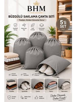 Bhm 5'li Büzgülü Saklama Çantası 35X45 cm Nefes Alan Ayakkabı Kılıfı Toz Koruyucu Organizer