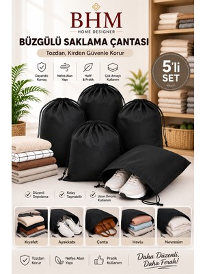 Bhm 5'li Büzgülü Saklama Çantası 35X45 cm Nefes Alan Ayakkabı Kılıfı Toz Koruyucu Organizer