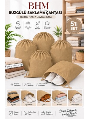 Bhm 5'li Büzgülü Saklama Çantası 35X45 cm Nefes Alan Ayakkabı Kılıfı Toz Koruyucu Organizer