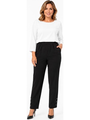 Bihan Store Büyük Beden Beli Lastikli Krep Cepli Paçası Düğme Detaylı  Kadın Pantolon Y26-2133-SIYAH