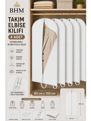 Bhm 4'lü Takım Elbise Kılıfı 60X100 cm Çift Fermuarlı Gamboç Elbise Kılıfı Kıyafet Koruyucu Toz Geçirmez Dolap Düzenleyici