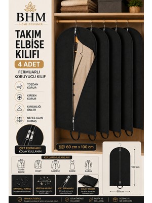 Bhm 4'lü Takım Elbise Kılıfı 60X100 cm Çift Fermuarlı Gamboç Elbise Kılıfı Kıyafet Koruyucu Toz Geçirmez Dolap Düzenleyici