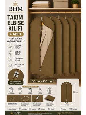 Bhm 4'lü Takım Elbise Kılıfı 60X100 cm Çift Fermuarlı Gamboç Elbise Kılıfı Kıyafet Koruyucu Toz Geçirmez Dolap Düzenleyici
