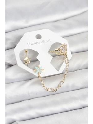 Uslucan Alışveriş Yıldız Model Pirinç Gold Renk Zincir Bağlantılı Ear Cuff Küpe Seti