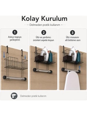 Skygo Revify Alper Banyo Kapı Arkası Ütü Masası Askılığı Siyah, Sepetli Kapı Arkası Düzenleyici, Delmeden Kullanımlı Ütü ve Ütü Masası Tutucu