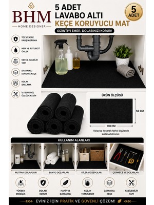 Bhm 5'li Lavabo Altı Keçe Koruyucu Mat Su Emici Dolap Içi Örtü Kesilebilir Mutfak ve Banyo Dolabı Matı 100X50CM