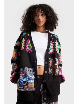 It's Basic Kadın Siyah Renk Etnik Desen Baskılı Oversize Tasarım Hırka