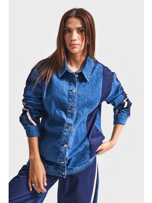 It's Basic Kadın Kot Rengi 1W5-5 Oversize Parçalı Kumaş Özel Tasarım Denim Ceket
