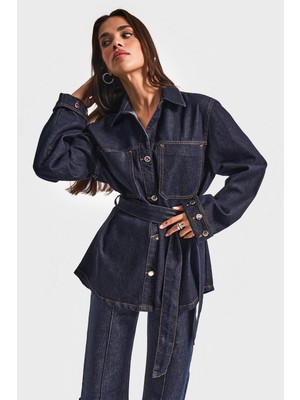 It's Basic Kadın Indigo Renk 7W5-50 Kemer Detaylı %100 Koton Denim Trençkot