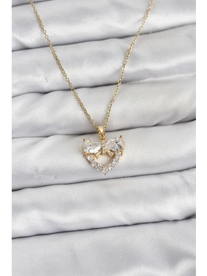 Uslucan Alışveriş 316L Çelik Zincir Gold Renk Kalp ve Fiyonk Model Zirkon Taşlı Kadın Kolye