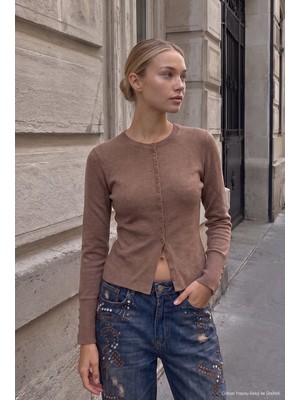 It's Basic Kadın Vizon W6-76 Kemer Boy Esnek Kumaş Düğmeli Triko Cardigan