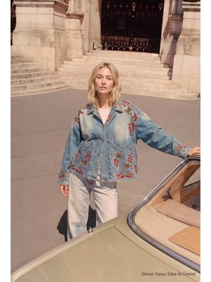 It's Basic Kadın T.kot Rengi 2S566 Çiçek Nakışlı Oversize Tasarım Denim Ceket