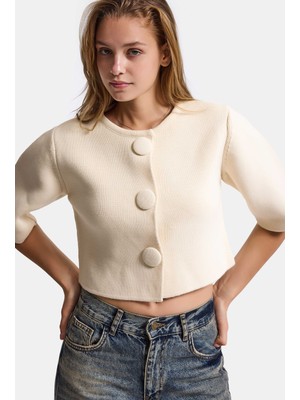 It's Basic Kadın Taş Rengi W6-105 Büyük Düğmeli Kemer Boy Crop Cardigan Tasarım Triko Hırka