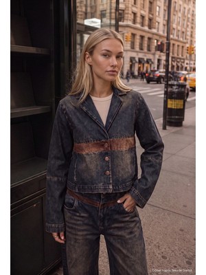 It's Basic Kadın Koyu Kot 2W6-8 Oversize Kemer Boy Tasarım Denim Ceket