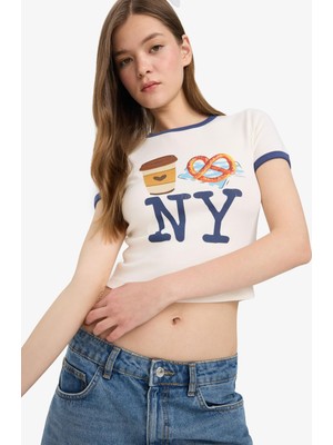 Frefly Store Defacto Fitted Crop Bisiklet Yaka Baskılı Ribana Kısa Kollu Tişört F2785AX25SM