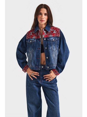 It's Basic Kadın Koyu Kot Rengi 2W5-10 Özel Kırmızı Desen Nakışlı %100 Koton Tasarım Denim Ceket