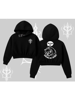 Frefly Store Tarzsokak Not Lazy Saving My Spirit Kedi Baskılı Kapşonlu Crop Sweatshirt, Siyah, L