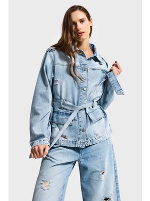 It's Basic Kadın Ice 12S6-32 Oversize Kemer Detaylı Yırtık %100 Koton Denim Ceket