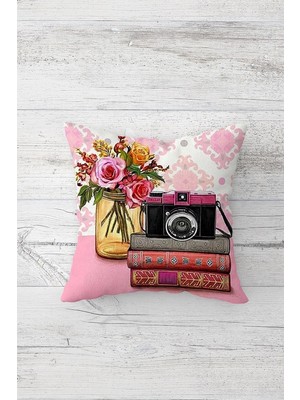Frefly Store Pelangi Vintage Fotograf Makinesi Çift Tarafı Baskı Gizli Fermuar Yastık Kılıfı Kırlent Koltuk Yastık Kılıfı, Pembe 45 x 45, 24691177845451