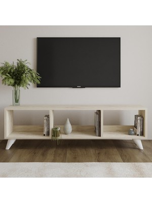 Frefly Store Tina Tv Sehpası – 120 cm Açık Meşe Renkli, Retro Tarz Ahşap Ayaklı Minimal Tv Sehpası, Traverten